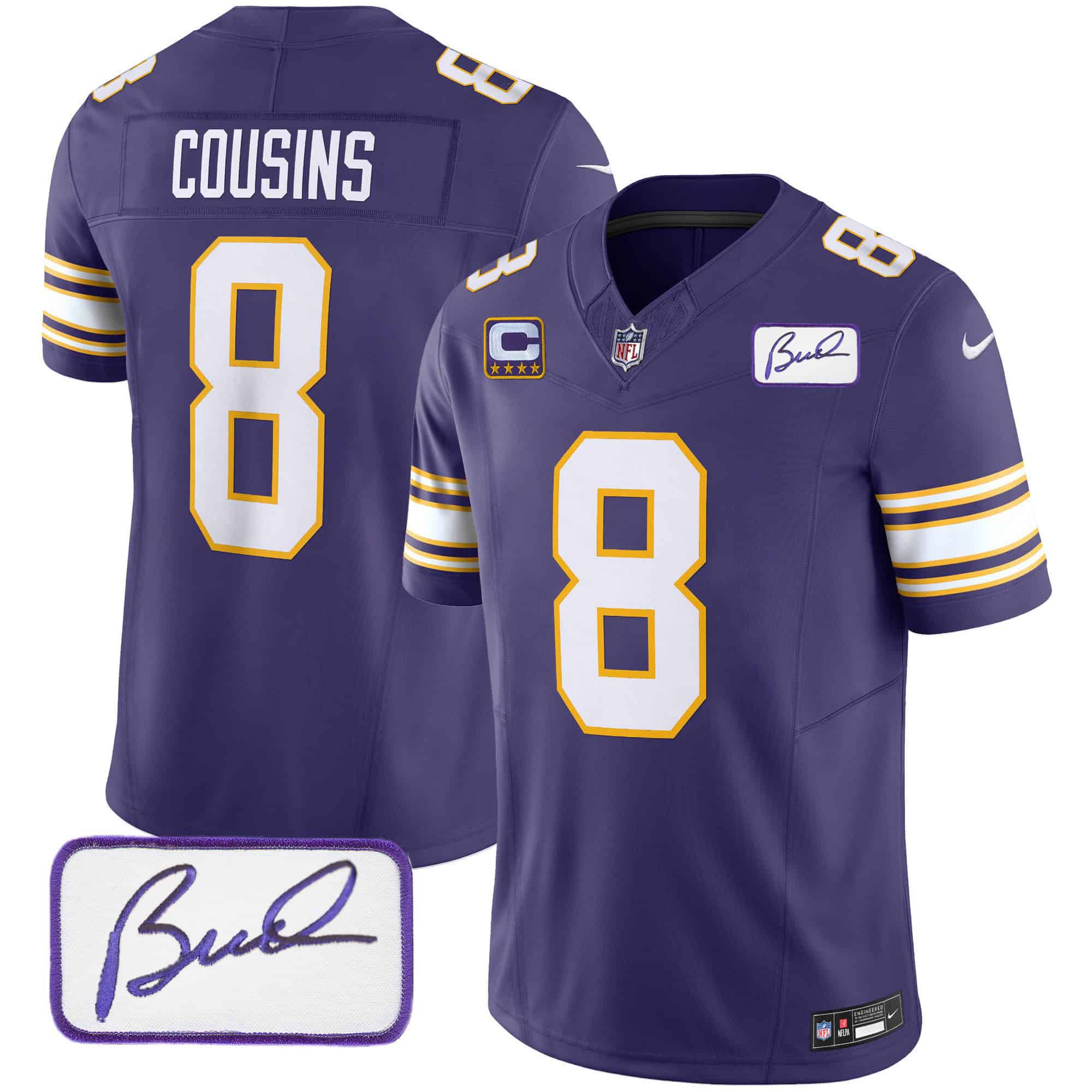Men Minnesota Vikings 8 Cousins Purple 2024 Nike Bud Grant Patch Classic Limited NFL Jersey style 1
